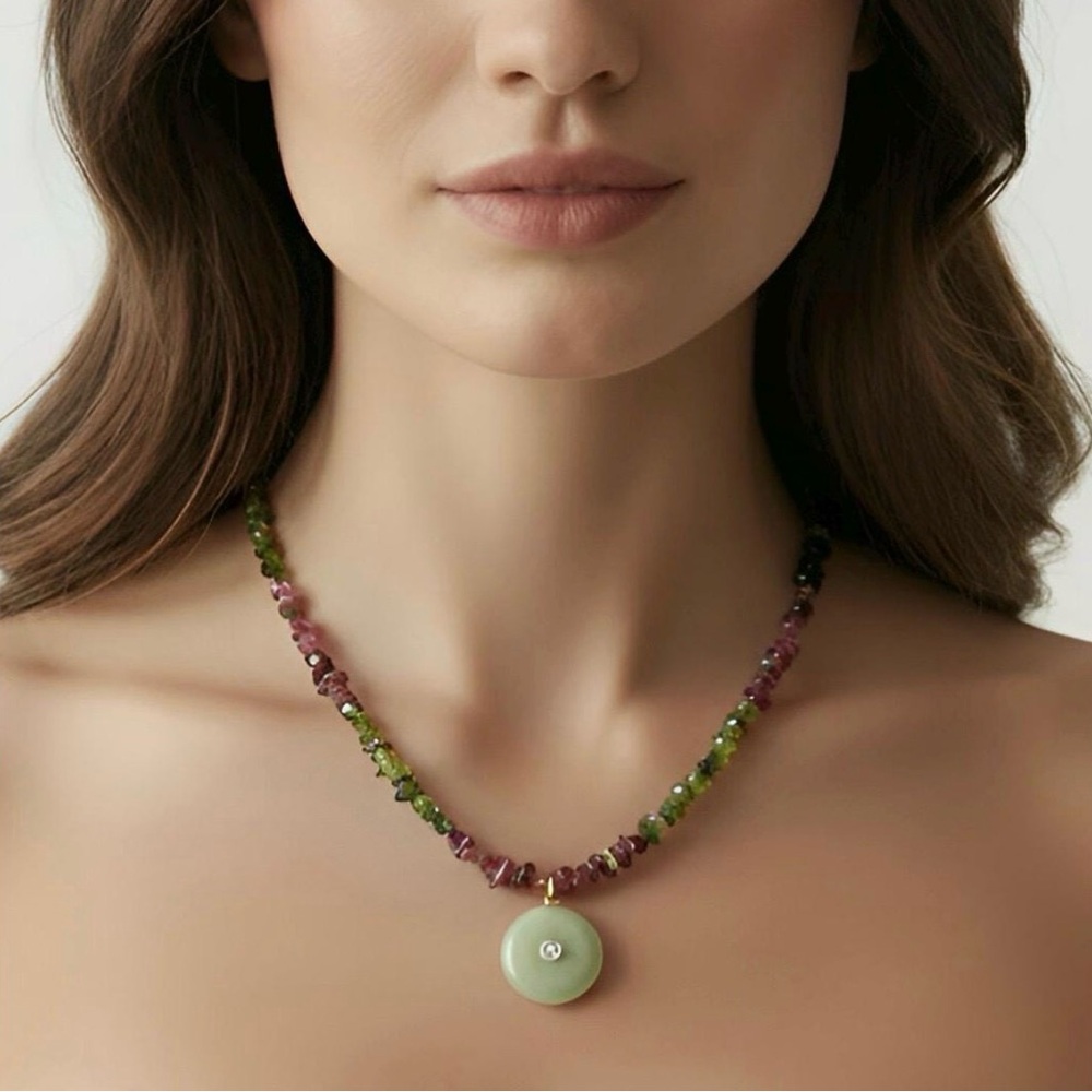 New! Jade and Watermelon Tourmaline Beaded Necklace with Crystal Accent
